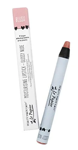 Beauty Made Easy Le Papier feuchtigkeitsspendender, veganer Lippenstift ohne Plastik, mit Shea Butter,Glossy Nudes BLUSH 1 x 6g