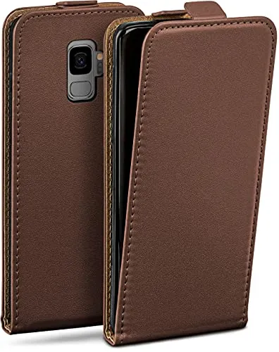 moex Flip Case für Samsung Galaxy S9 Hülle klappbar mit 360 Grad Schutz, Handyhülle mit Displayschutz, PU Leder Handytasche Lederhülle, Flip Case Cover Klapphülle, Dunkelbraun