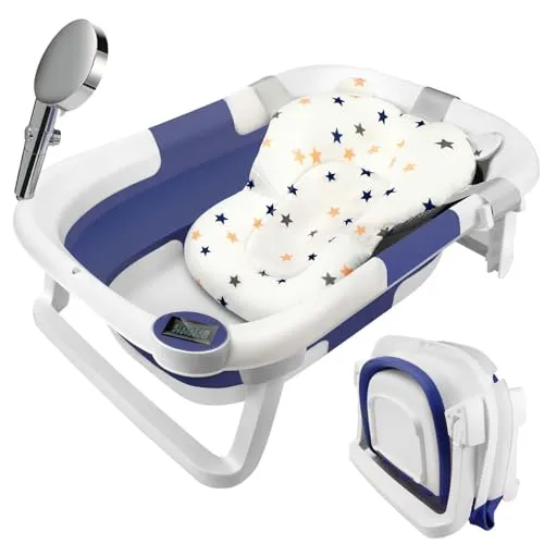 Mkitnvy Groß Faltbare Baby Badewanne zusammenklappbare Babywanne Faltbare Neugeborenen für Neugeborene bis Kleinkinder mit rutschfester Matte und Abflussloch für Babys 0-6 Jahre Grau, Blau