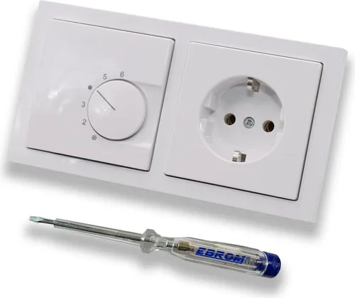 Halmburger UP Raumthermostat Raumtemperaturregler RTR-6210sg in Busch Jäger Future Linear Studioweiß Rahmen 1722-184K + Steckdose 20EUC-84 inkl. EBROM Phasenprüfer zur Montage der Geräte RTR-6210 (sg)