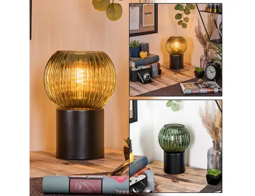 Hofstein Tischleuchte im Retro-Design aus Metall und Riffelglas - Elegante Tischlampe in Schwarz/Grün mit kugelförmigem Glasschirm (15 cm), ideal für stimmungsvolle Beleuchtung im Innenbereich, ohne Leuchtmittel.