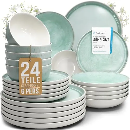 Steingut Geschirrset 6 Pers. Ibiza 24-tlg in türkis von PURE LIVING INTERIOR DESIGN