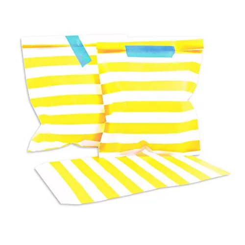 Frau WunderVoll® 25 PAPIERTÜTEN GELB, Streifen 13 x 16,5 cm, 45 Gramm Papier, flach/Candy Bar, Hochzeit, Kindergeburtstag, Papiertütchen, Candybag, Tüten, Mitgebseltüten