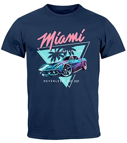 Neverless® Herren T-Shirt Bedruckt Miami Beach Surfing Motiv USA Retro Automobil 80er Fashion Streetstyle Navy M