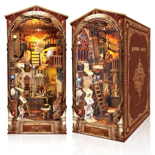 heuchaey DIY Book Nook Kit, DIY Puppenhaus Holz Miniatur Haus Kit | 3D Buchstützen aus Holz Puzzle, mit LED-Licht, Buch Ecke für Erwachsene Teens, Booknook, Bücherregal Dekoration