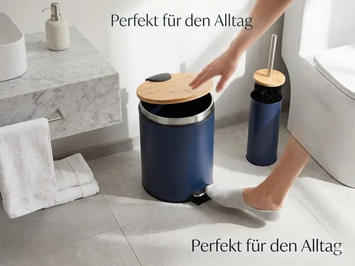 LiKeKa® Badaccessoire-Set 2-teilig – Toilettenbürste & Kosmetikeimer mit Soft-Close (Blau) - Praktisches 2-teiliges Badaccessoire-Set mit eleganter matten Oberfläche und Bambusdeckel. Der Kosmetikeimer mit Absenkautomatik und die Toilettenbürste sorgen für stilvolle Ordnung in jedem Badezimmer.