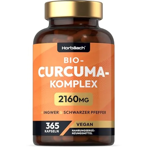 Curcuma Kapseln Hochdosiert 2160 mg | Bio Turmeric Komplex mit Ingwer und Schwarzem Pfeffer | 365 Vegane Kapseln | Horbaach