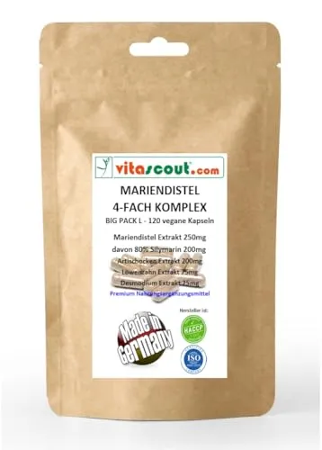 Mariendistel Artischocke Löwenzahn Desmodium 4-fach Komplex - 120 Kapseln vegan - Hochdosiert mit 80% Silymarin ohne Magnesiumstearat, GMO-frei - produziert in Deutschland LABORGEPRÜFT