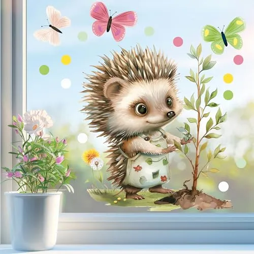 Sunnywall Fensterbild Fensterdeko Igel Gärtnerin Baum Schmetterling Fensteraufkleber statisch selbstklebend beidseitiger Druck Aufkleber Fenstersticker WIEDERVERWENDBAR A3