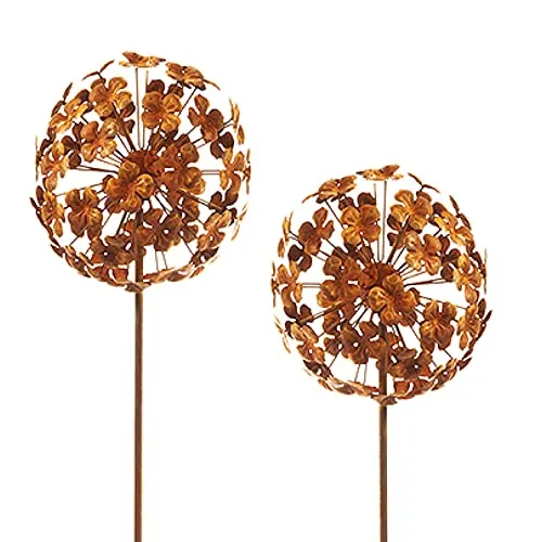 Kobolo Gartenstecker rusty flower ball 2er Set - Dekostecker aus robustem Metall, Höhe 110 cm, ideal zur Verschönerung Ihres Gartens oder Ihrer Terrasse.