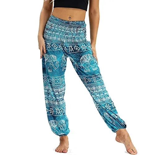 Nuofengkudu Damen Hippie Harems Hose Pumphose Haremshose Aladdinhosen Boho Gemustert Gesmockte Taille mit Taschen Yogahose Freizeithose Sommerhose Strandhose Hellblau Elefant C