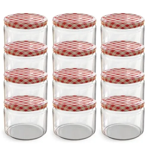 Oputec 12 x 282 ml Einmachgläser mit Schraubdeckel rot kariert – Perfekt für Marmeladen, Konfitüren und mehr, kleine Gläser mit Deckel, ideal als Marmeladengläser und Dip-Schraubgläser