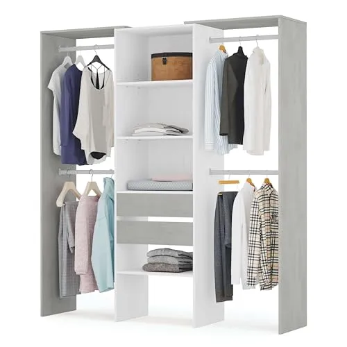 Habitdesign offener Kleiderschrank Tidy mit 2 Schubladen - Moderner Kleiderschrank für kleine Räume, bietet mit 4 Einlegeböden und 2 Kleiderstangen strukturierten Stauraum für Kleidung und Accessoires.