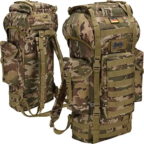 BWuM Kampfrucksack Molle 65L mit Patch & Flagge - Robuster 65L Bundeswehr Kampfrucksack mit Molle-System, ideal für Outdoor-Aktivitäten. Viel Stauraum und angenehmer Tragekomfort dank gepolsterter Schultergurte. Inklusive variablen Patches für individuelle Gestaltung.