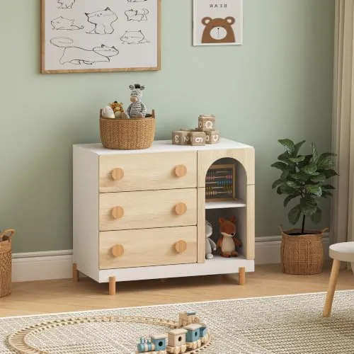 Kinderkommode 'Vaarentaa' 79 x 41 x 66 cm mit 3 Schubladen und 2 offenen Fächern