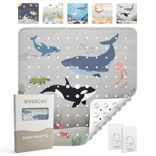 avakido® Duschmatte rutschfest Kinder - 100% BPA frei Inklusive 2 Haken zum Trocknen - Antirutschmatte, Duscheinlage - schimmelresistent & maschinenwaschbar