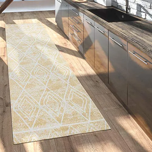 Paco Home Outdoor Teppich Balkon Terrasse Vintage Küchenteppich Orient Muster Rauten Ethno, Grösse:60x100 cm, Farbe:Gelb