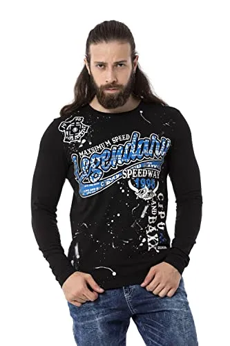 Cipo & Baxx Herren Langarmshirt CL510 Schwarz L - Modisches Langarmshirt für Herren mit auffälligem Print, ideal für Herbst und Winter – bequem und stylisch.