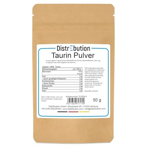 Taurin Pulver 50g – 100% rein, gut löslich, ohne Zusatzstoffe, GMO-frei, ideal für Sport & Energy Drinks