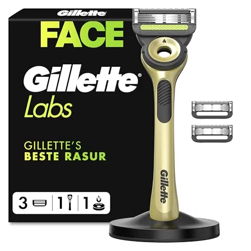 Produktbild Gillette Labs Rasierer Herren mit Reinigungselement, Nassrasierer Männer Champion Gold Edition — Inkl. 1 Handstück, 3 Ersatzklingen mit Wandhalterung für Einfache Lagerung — Edelstahl