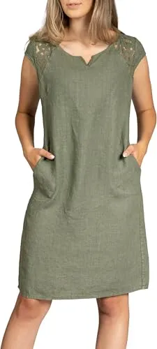 Caspar SKL042 Damen Sommer Leinenkleid mit dezentem Spitzeneinsatz, Farbe:olivgrün, Größe:44