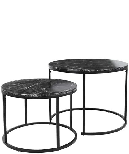 Stephans Möbelbörse Couchtisch rund Marmor 2er Set – Runder Couch Tisch in Schwarz Marmor Optik mit Schwarze Metallgestell – Moderner Tisch für Wohnzimmer & Schlafzimmer, Ø60/Ø50cm