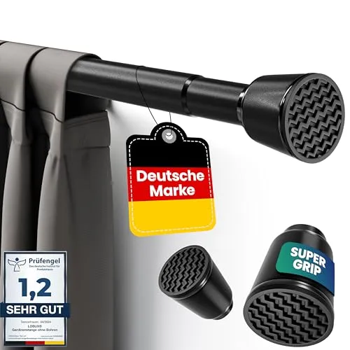 LOBUX® - Gardinenstange ohne bohren [schwarz, 260-350cm] – Teleskopstange Vorhang ausziehbar – Duschstange ohne bohren – Vorhangstange, Duschvorhangstange, Kleiderstange, Klemmstange Katzennetz