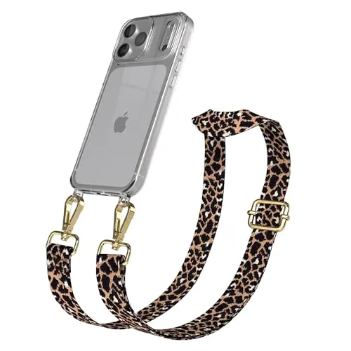 EAZY CASE Handykette - Verstellbares Taschenband kompatibel mit iPhone 17 Pro Max, Schulterriemen, Handykordel mit Silikon Hülle, Umhängetasche, Leo - Schwarz Braun Gold