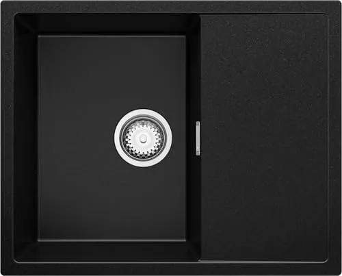 PRIMAGRAN Spülbecken Schwarz 62x50cm - Ibiza S001, Granitspüle mit XL-Becken - 1 Becken Küchenspüle für Unterschränke ab 45 cm, kratzfest und ideal für große Geschirrpartien. Modernes Design mit minimalistischen Kanten und flexibler Zubehörplatzierung.