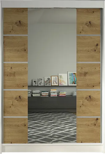 MIRJAN24 Schiebetürenschrank Lino V mit Spiegel - Kleiderschrank in Weiß/Artisan Eiche, mit modernem Aluminium-Gleitschienensystem und praktischen Einlegeplatten für optimalen Stauraum.