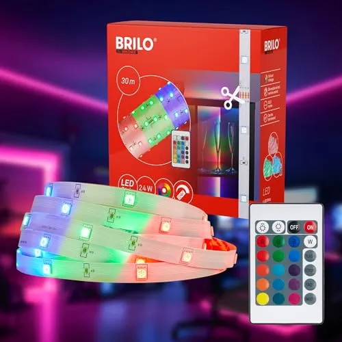 BRILONER LED Strip 30m RGB mit Fernbedienung - Flexibler LED Streifen mit 30m Länge, selbstklebend und anpassbar, ideal für stimmungsvolle Beleuchtung im Gaming Room oder zur Partydekoration. Inklusive Fernbedienung für einfache Farbwechsel.