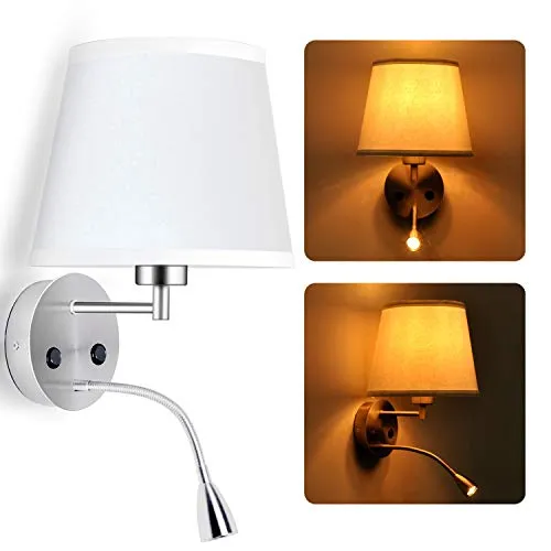 B·LED BARCELONA LED BarcelonaLED Wandleuchte für Glühbirne E27 mit Leselampe, schwenkbar, flexibel, 1 W, für Schlafzimmer, Kopf, Nachttisch, mit weißem Stoffschirm und zwei Schaltern