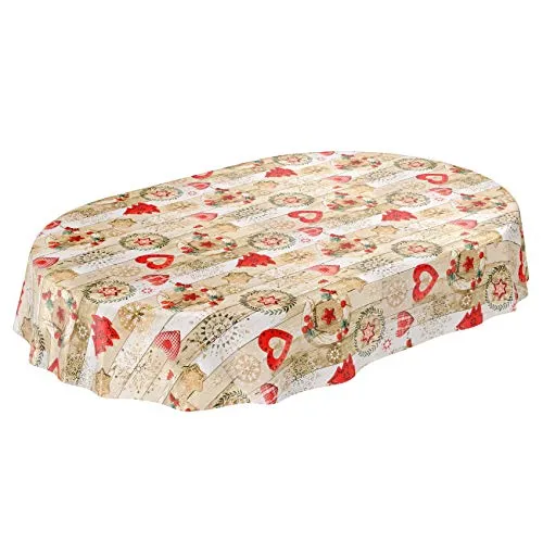 ANRO Tischdecke Weihnachtstischdecke abwaschbar Wachstischdecke Christmas Rot Beige Oval 200x140cm