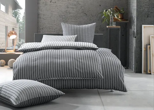 BETTWAESCHE-MIT-STIL Santiago Bettwäsche - Bettwäsche-Set aus hochwertigem Mako-Satin, 2-teilig in elegantem Schwarz mit gestreiftem Design. Pflegeleicht und mit Reißverschluss für einfachen Bezugwechsel.