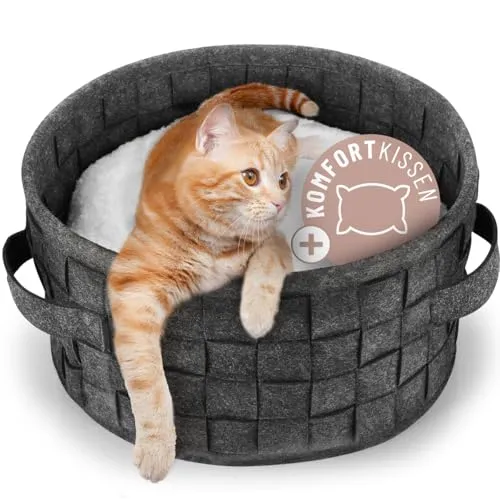 ReaVET Samtpfoten-Nest Katzenbett - Kuscheliges Katzenkörbchen mit Komfortkissen I Katzenschlafplatz mit Katzenkissen I Extra Weich & Flauschig I Haustierbett aus Filz für Katzen