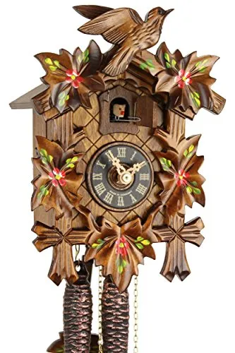 Eble Kuckucksuhr Original Schwarzwälder Kuckuckuhr Echtholz mechanisches 1-Tag Laufwerk NEU VDs Zertifikat Fünflaub bemalt 23cm- 20-01-14-10