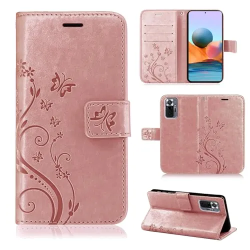 betterfon Hülle Kompatibel mit Xiaomi Redmi Note 10 Pro | Premium PU Leder Handyhülle Wallet Case für Redmi Note 10 Pro | Schutzhülle Blumen Klapphülle Handyhülle | Rosegold