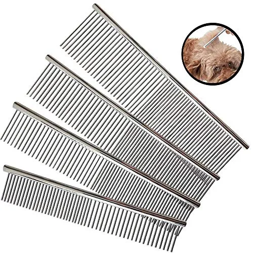Edelstahl Hundesalon Kämme, 4 Stück Haustier hundekamm Edelstahl, Haustierkamm Bürste Metall Pflege Kamm für Katzen & Hunde, Entfernt Knoten (16 x 2.5cm, 19 x 3cm, 19 x 4cm, 19 x 5cm)