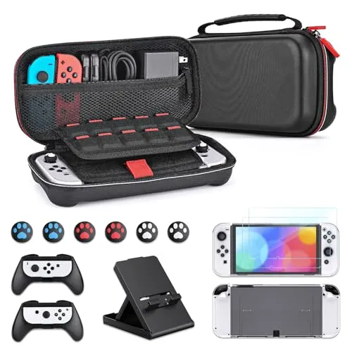 Younik Switch OLED Zubehör Bundle 15 in 1 Zubehörset mit Switch OLED Tragetasche inklusive 29 Stück Kartenfächer, steuerbare Ständer, 2 Bildschirmschutz, 2 Griffe & 2 TPU Schutzhüllen