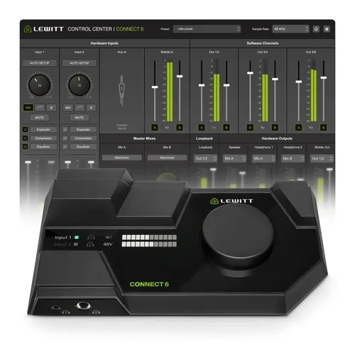Lewitt Connect 6 - Dual USB-C Audio-Interface - Audio-Interface mit leistungsstarkem DSP für latenzfreie Effekte und Studioqualität, ideal für Home Recording und Content Creation.