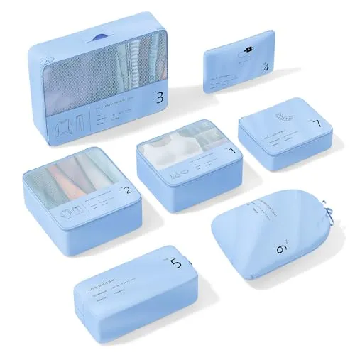 Koffer Organizer, Yomisee Packing Cubes 7 Teilige Koffer Organizer Set Packwürfel Set Reise Kleidertaschen Travel Organizer Packtaschen für Koffer (Blau)