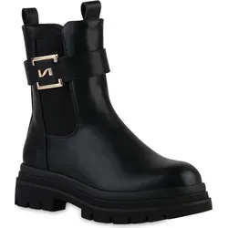 VAN HILL Damen Plateau Boots Blockabsatz Schnallen Profil-Sohle Schuhe 841854, Farbe: Schwarz, Größe: 36 - Schwarz - 36