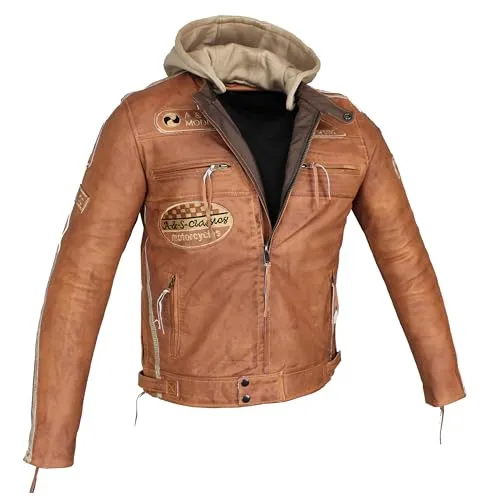 Herren Motorradjacke Lederjacke Biker Jacke mit Protektoren Leder Jacke mit Kapuze Leather Jacket Fashion Jacket Custom (DE/NL/SE/PL, Alphanumerisch, 4XL, Regular, Regular, König Braun)