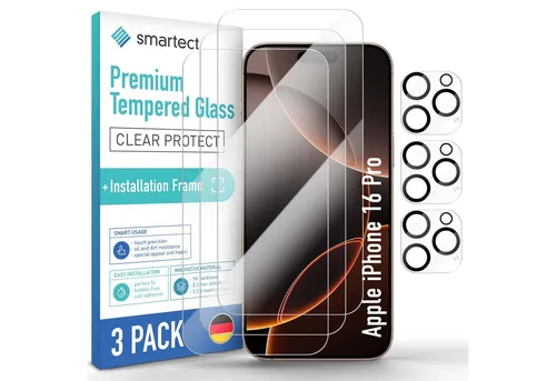 smartect Displayschutzglas Schutzglas Panzerfolie Klar für iPhone 16 Pro, Set, 3 Stück, (Display + Kamera) Schutzfolie inkl. Anbringhilfe