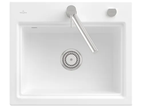 Villeroy & Boch Subway Style 60 S Keramikspüle - Einbauspüle in Stone White mit Excenterbetätigung, ideal für moderne Küchen und passend für Unterschränke ab 60 cm.