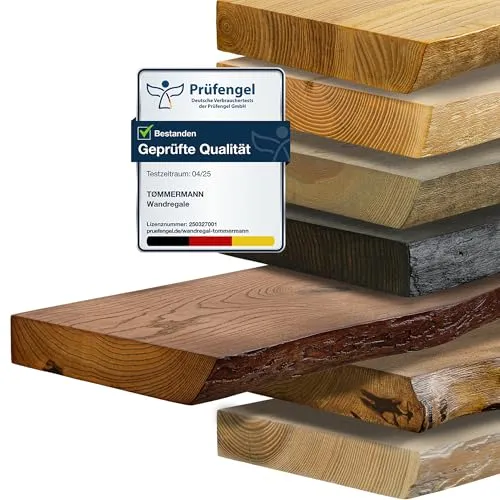 tømmermann - Wandregal mit Baumkante - massives Schweberegal Farbe Teak 130 cm Länge - Regalbrett aus Eschenholz 100% natürlich - Rustikales Wandboard mit unsichtbarer Wandmontage - Massivholzbrett