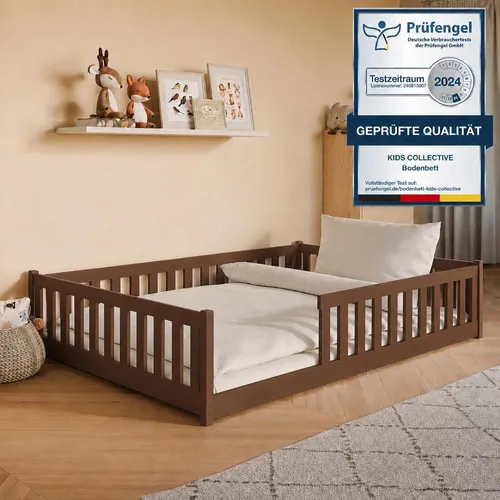 Kinderbett Bodenbett 140x200 cm mit Rausfallschutz - Zartbitterschokolade - Dieses stilvolle Kinderbett fördert die Selbstständigkeit und sorgt für Sicherheit beim Schlafen. Mit seinem stabilen Kiefernholzrahmen und der niedrigen Höhe ist es ideal für aktive Kinder. Perfekt für Spiel und Entspannung.