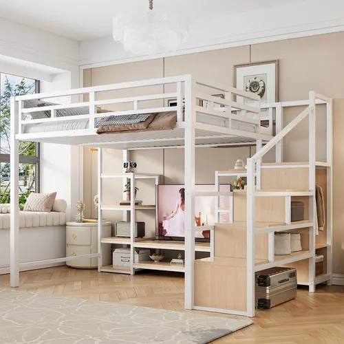 Stilvora Hochbett, Weiß, Metall, Holz, 140x200 cm – Platzsparendes Kinderbett - Ideal für kleine Räume: Das Stilvora Hochbett nutzt die Höhe optimal und bietet Platz für Medien und Ordnung. Mit integriertem TV-Regal und Steckdose für mehr Komfort im Kinderzimmer.