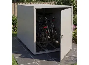 MCW 2er-Fahrradgarage, Hellgrau, Metall - Platzsparende Fahrradgarage für 2 Fahrräder bis 113 cm Höhe, mit abschließbarer Tür und verstellbaren Haken für Zubehör. Robustes Stahlgehäuse schützt vor Witterungseinflüssen.