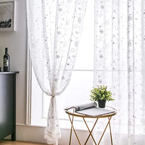 MIULEE Vorhänge mit Blumen Stickerei Muster, Gardinen Weiß für Wohnzimmer, Schlafzimmer Vorhang Transparent mit Ösen, 2er Set Voile Durchsichtig Vorhänge, Jeder H 260 X B 140cm